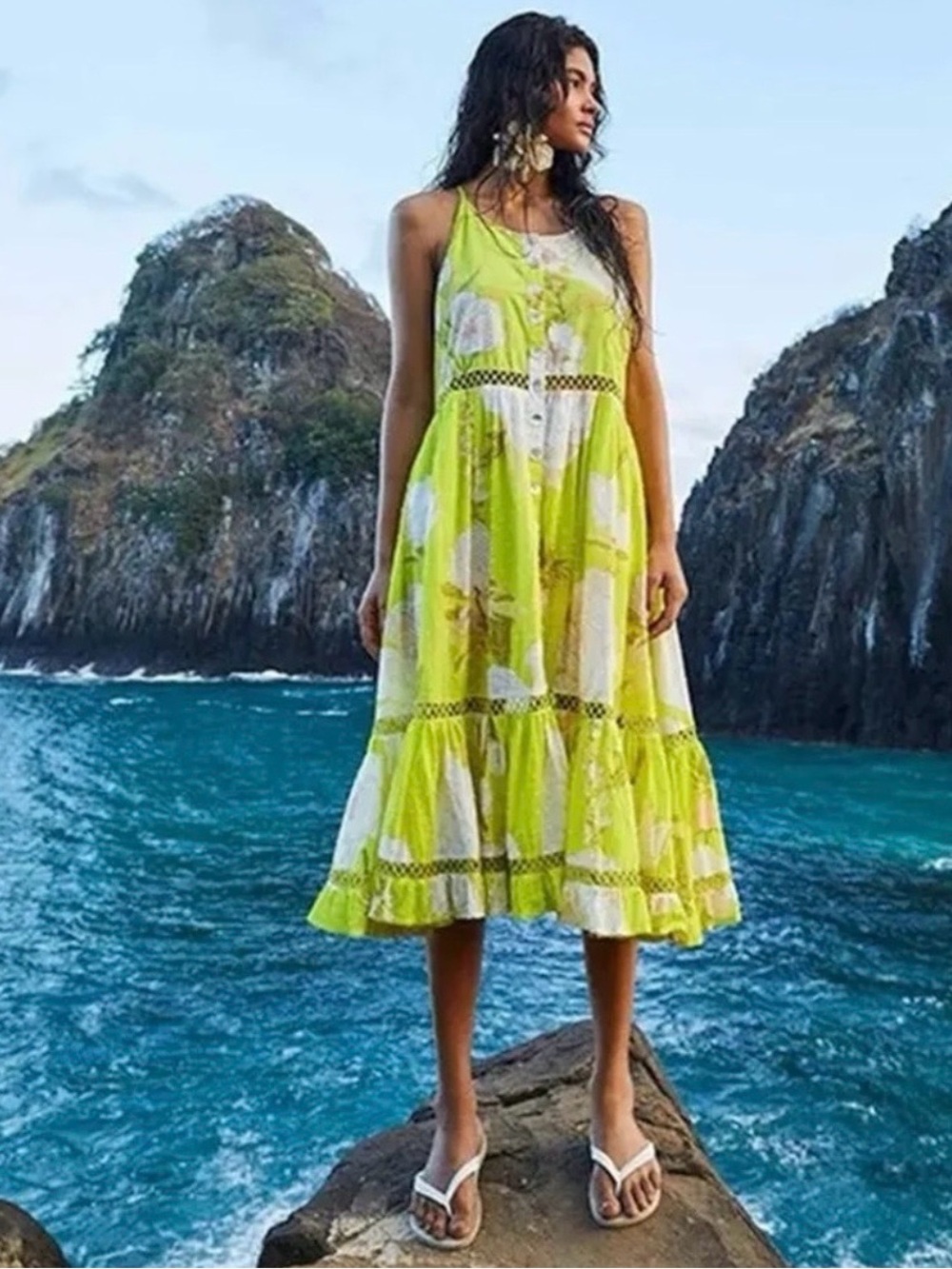 FARM Rio Dress in Vibrant Yellow and White